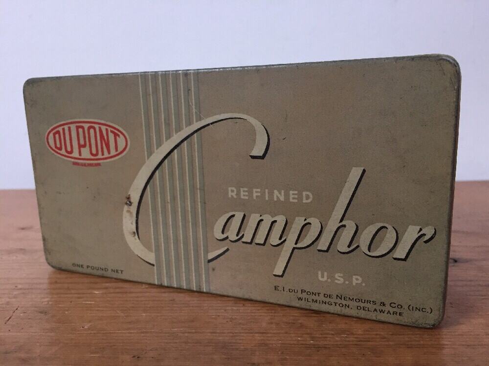 Vintage DuPont Refined Camphor USP 32 Tablet Rectangular Metal Tin Empty